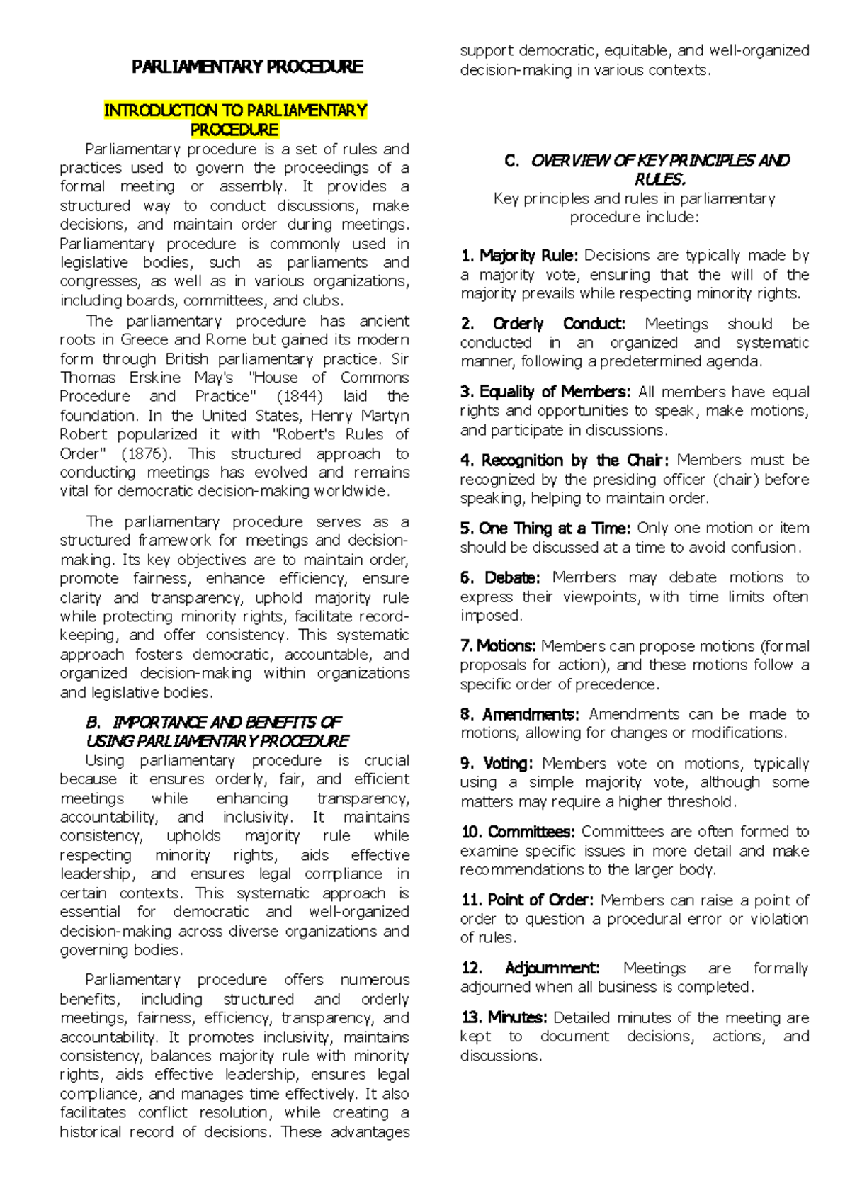 Parliamentary Procedure Overview: Key Principles & Benefits - Studocu