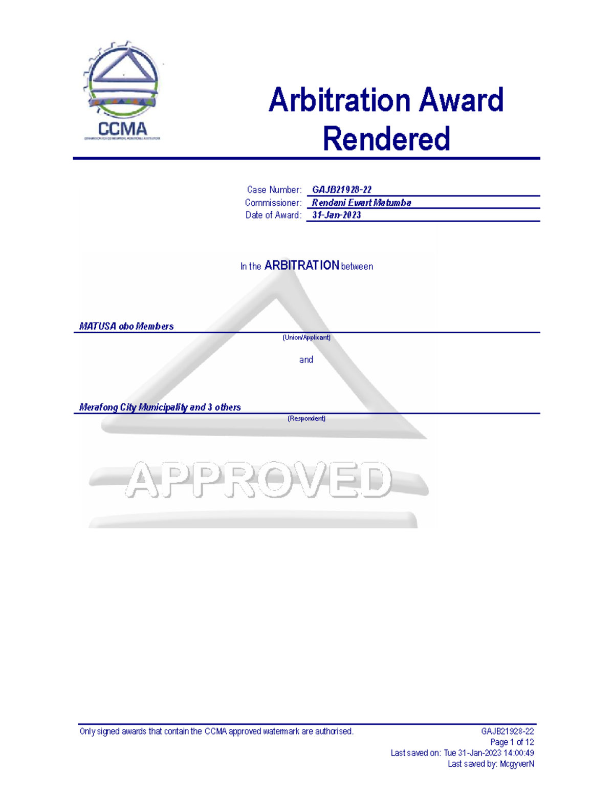 Arbitration Award Analysis: MATUSA vs. Merafong City Municipality (Case ...