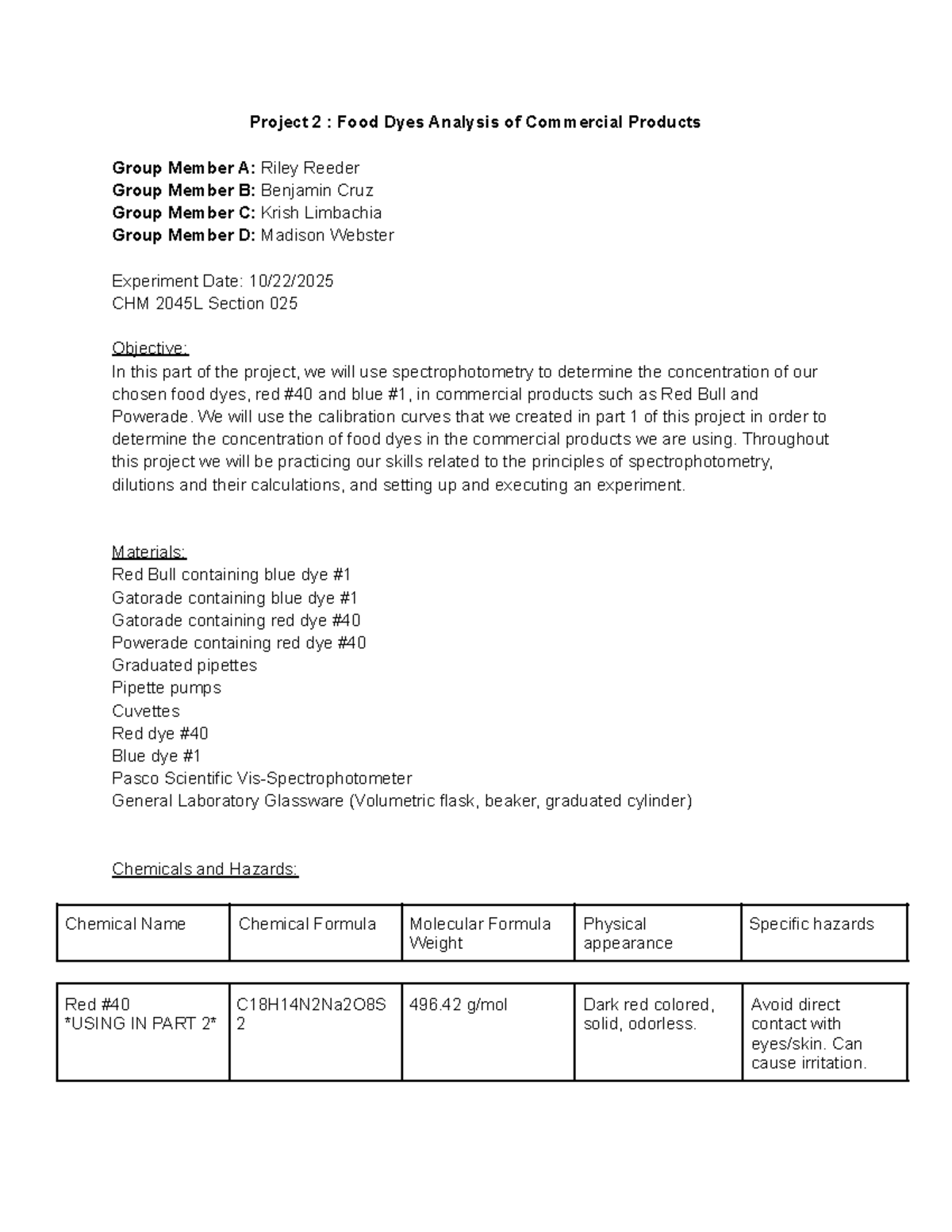 CHM 2045L Project 2: Analysis of Food Dyes in Beverages - Studocu