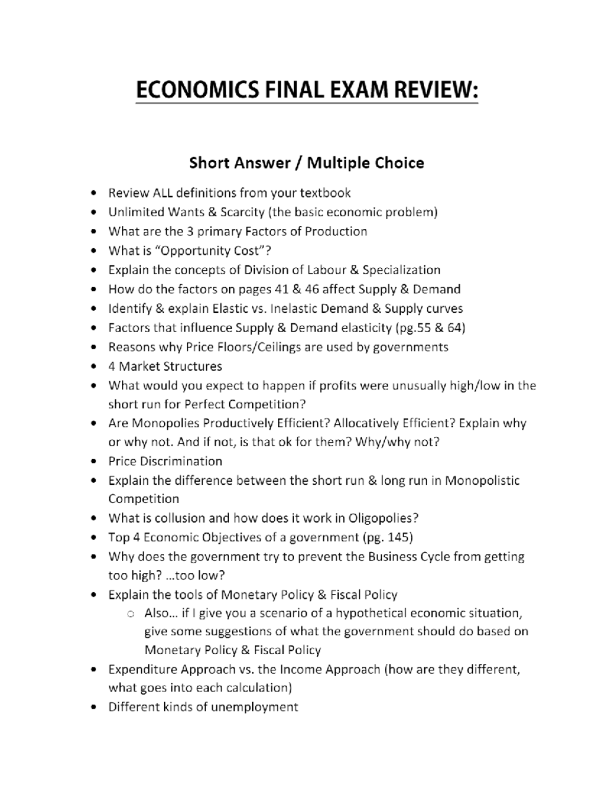 ECO 101 Final Exam Review: Key Concepts and Calculations - Studocu
