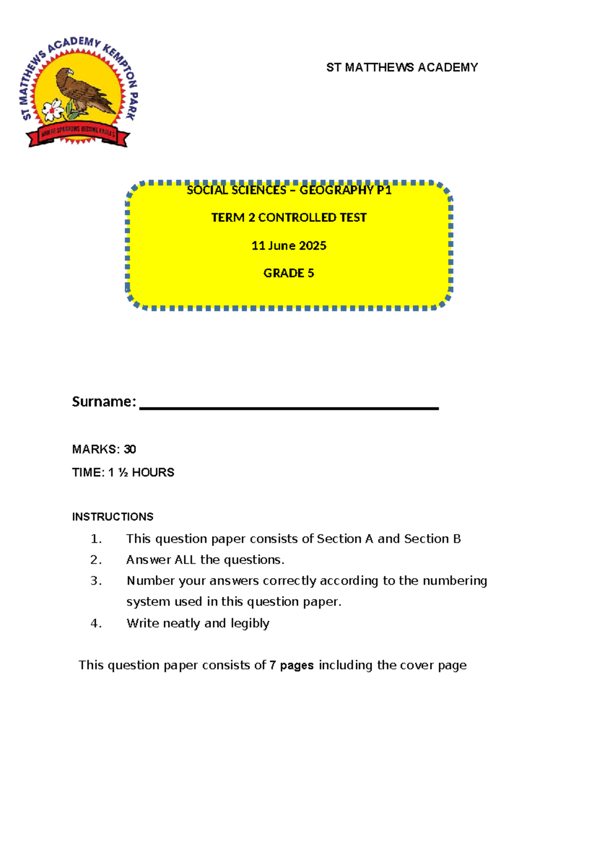 PRV SS Grade 5 Geography Term 2 Controlled Test June 2025 - Studocu