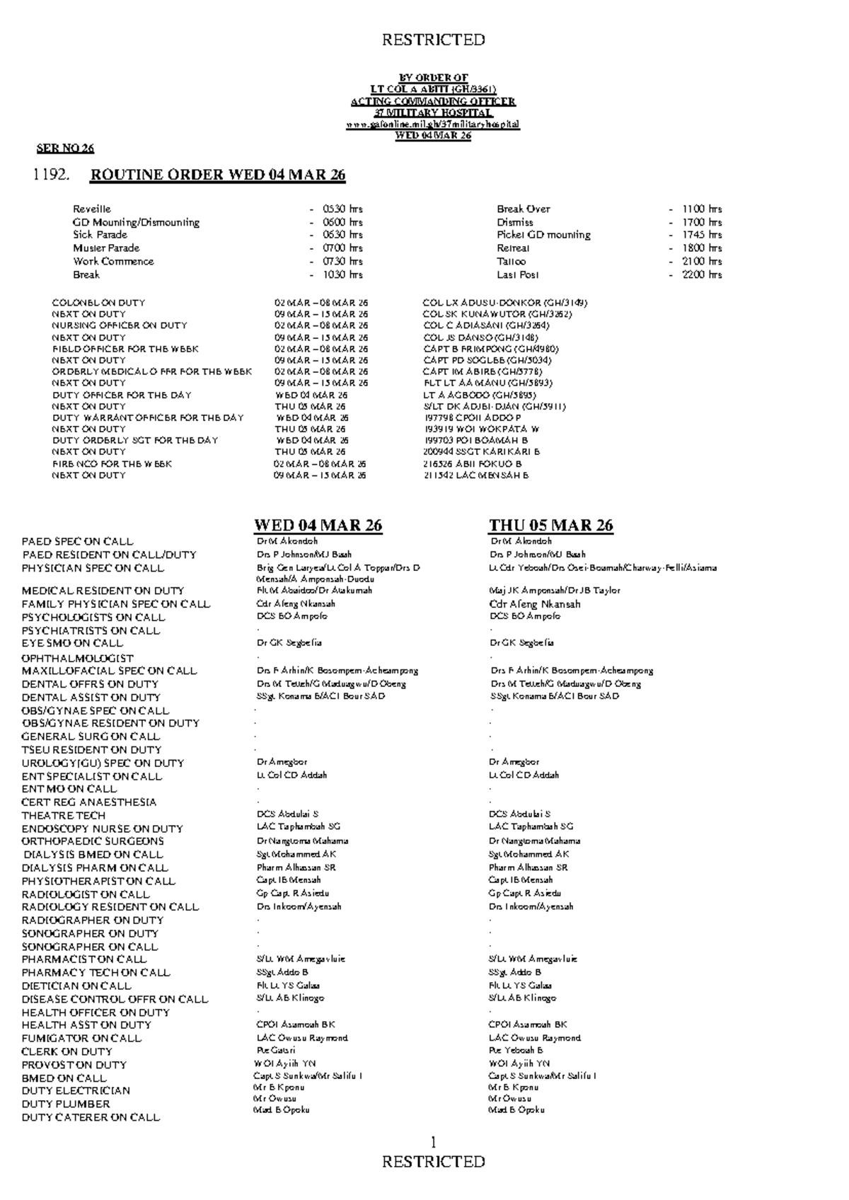 37 Military Hospital Routine Orders - Wed 04 Mar 26 - Studocu