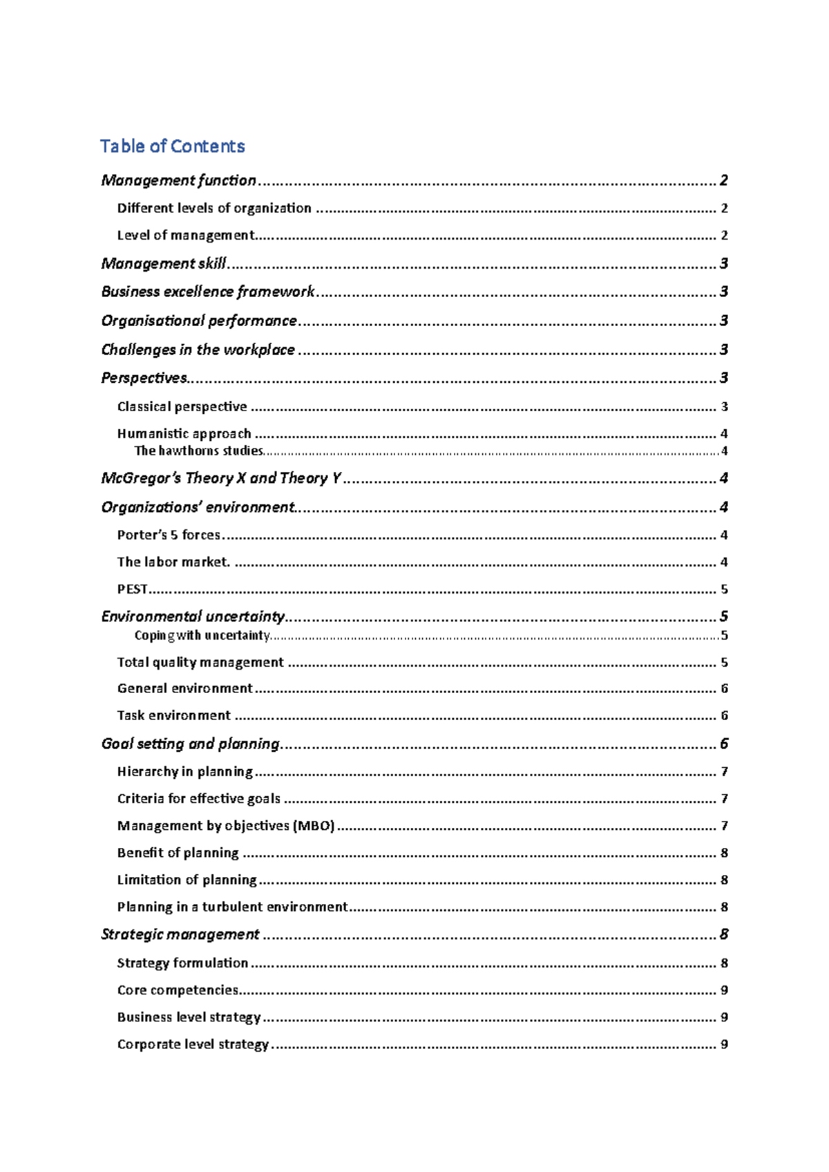 Po M note - Lecture note summary - Table of Contents Management func,on ...