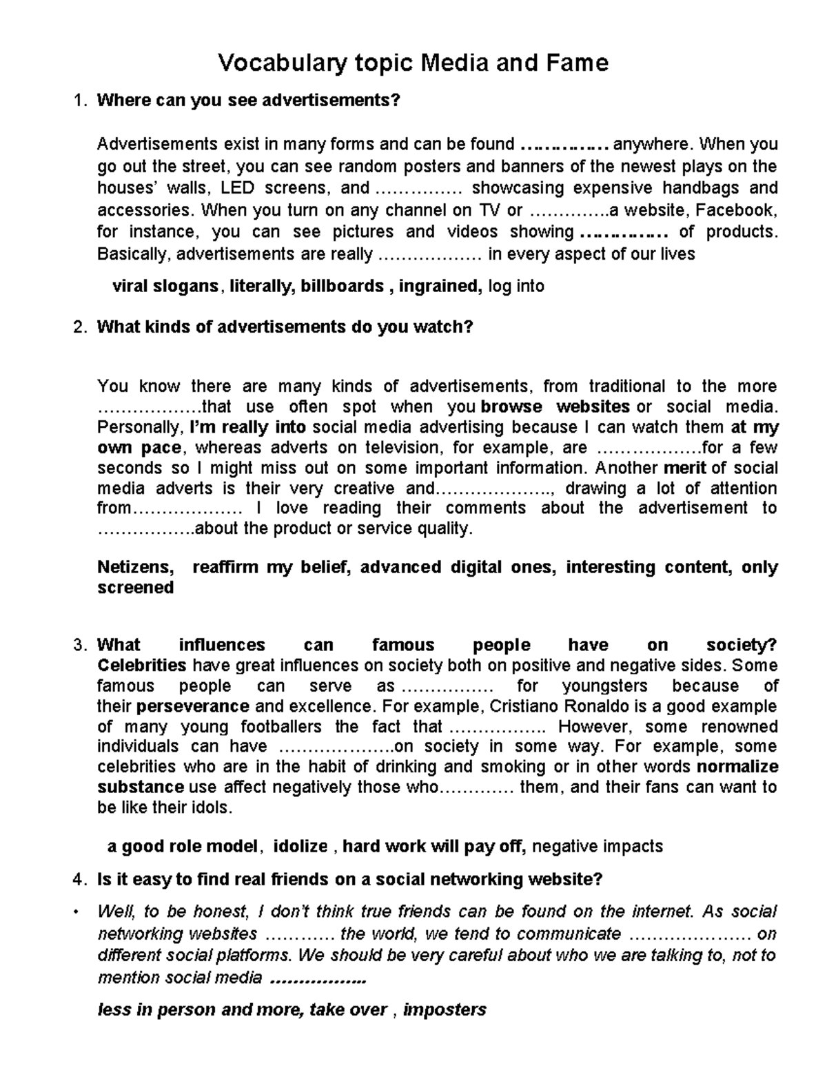 Unit 7 Vocabulary on Media & Fame for STS Part 1 - Studocu