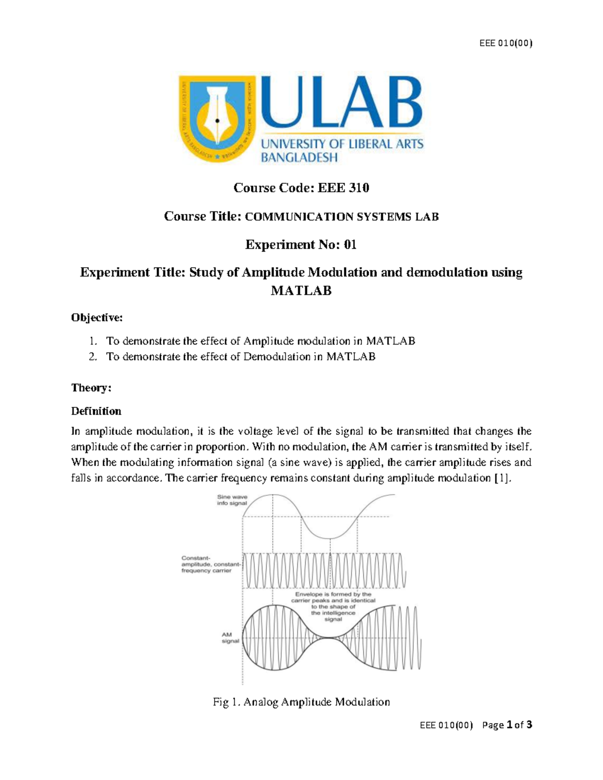 Lab 1 Report: Amplitude Modulation & Demodulation in MATLAB (310) - Studocu
