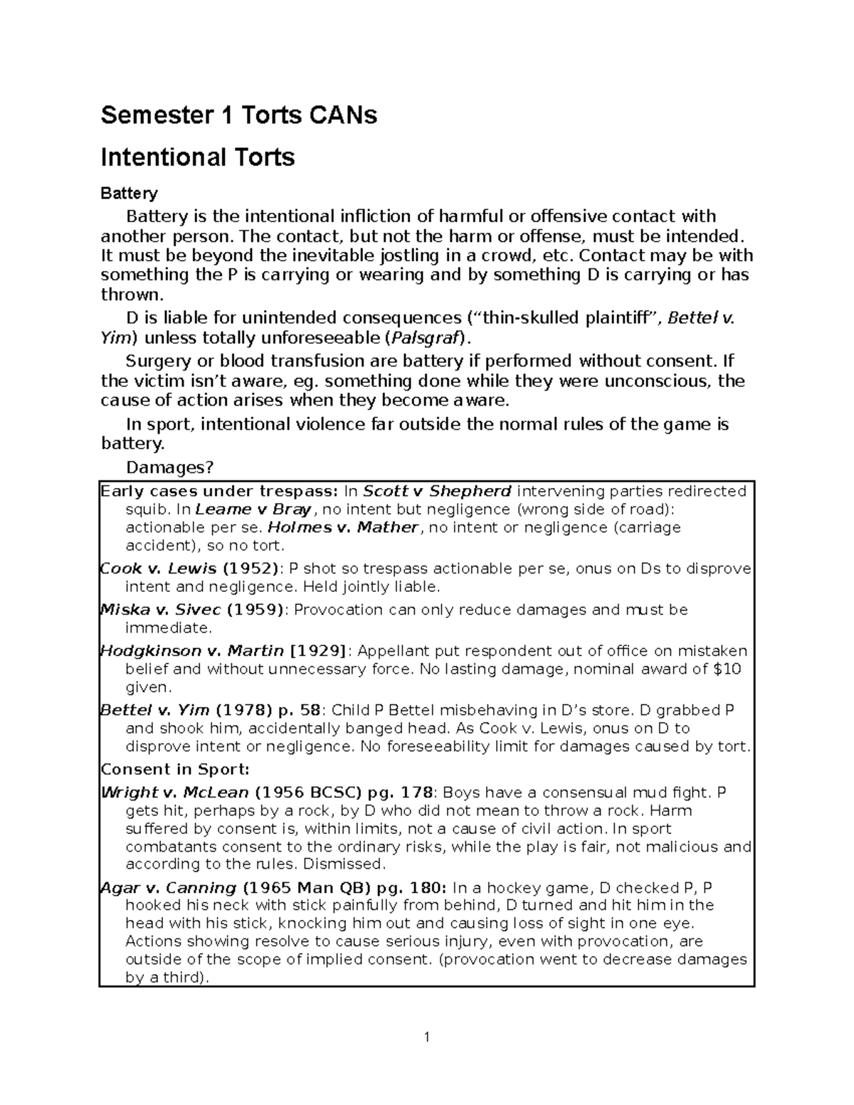 Intentional Torts - Lecture notes 2 - Semester 1 Torts CANs Intentional ...