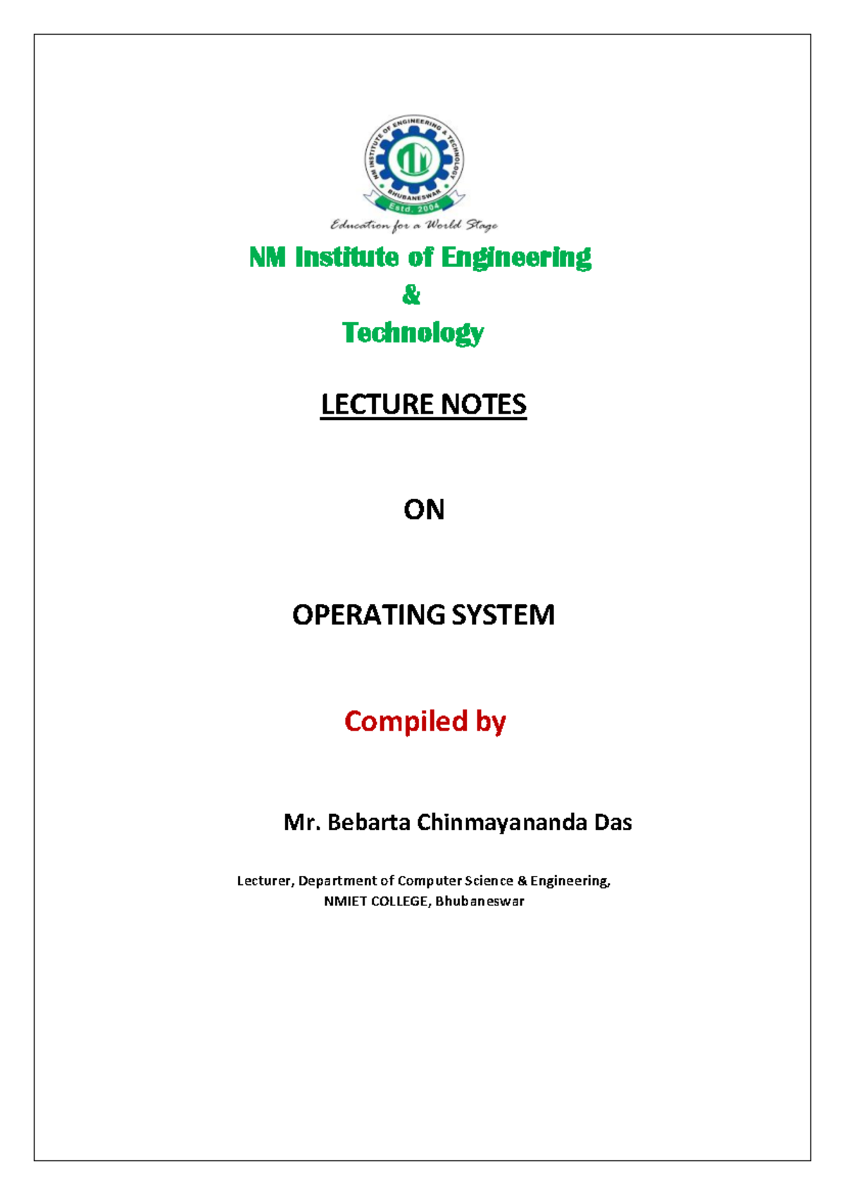 NMIET CSE LECTURE NOTES ON OPERATING SYSTEMS - Studocu