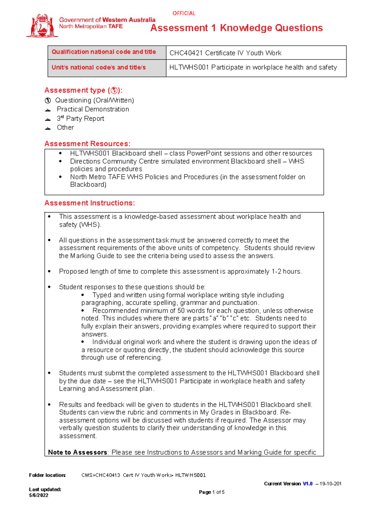 CHC40421 Cert IV Youth Work: HLTWHS001 Assessment 1 Knowledge Questions ...