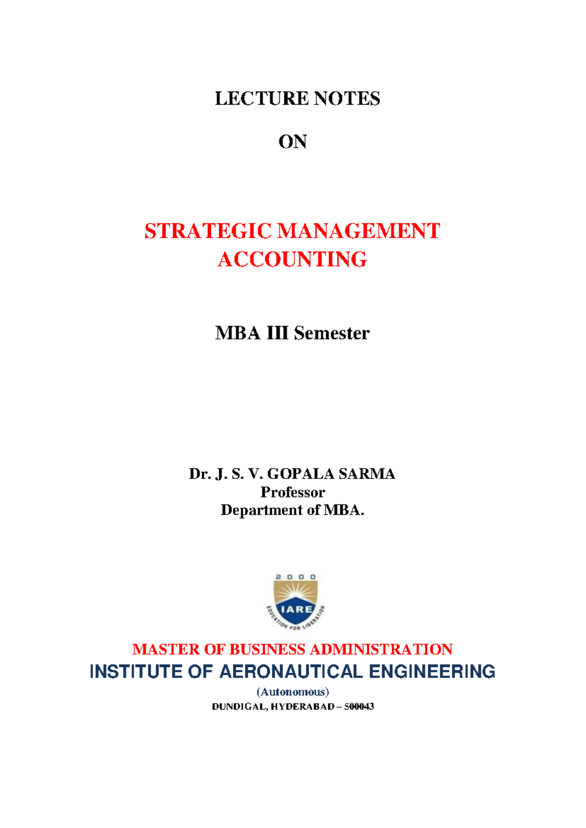 SMA Lecture Notes E2 - LECTURE NOTES ON STRATEGIC MANAGEMENT ACCOUNTING ...