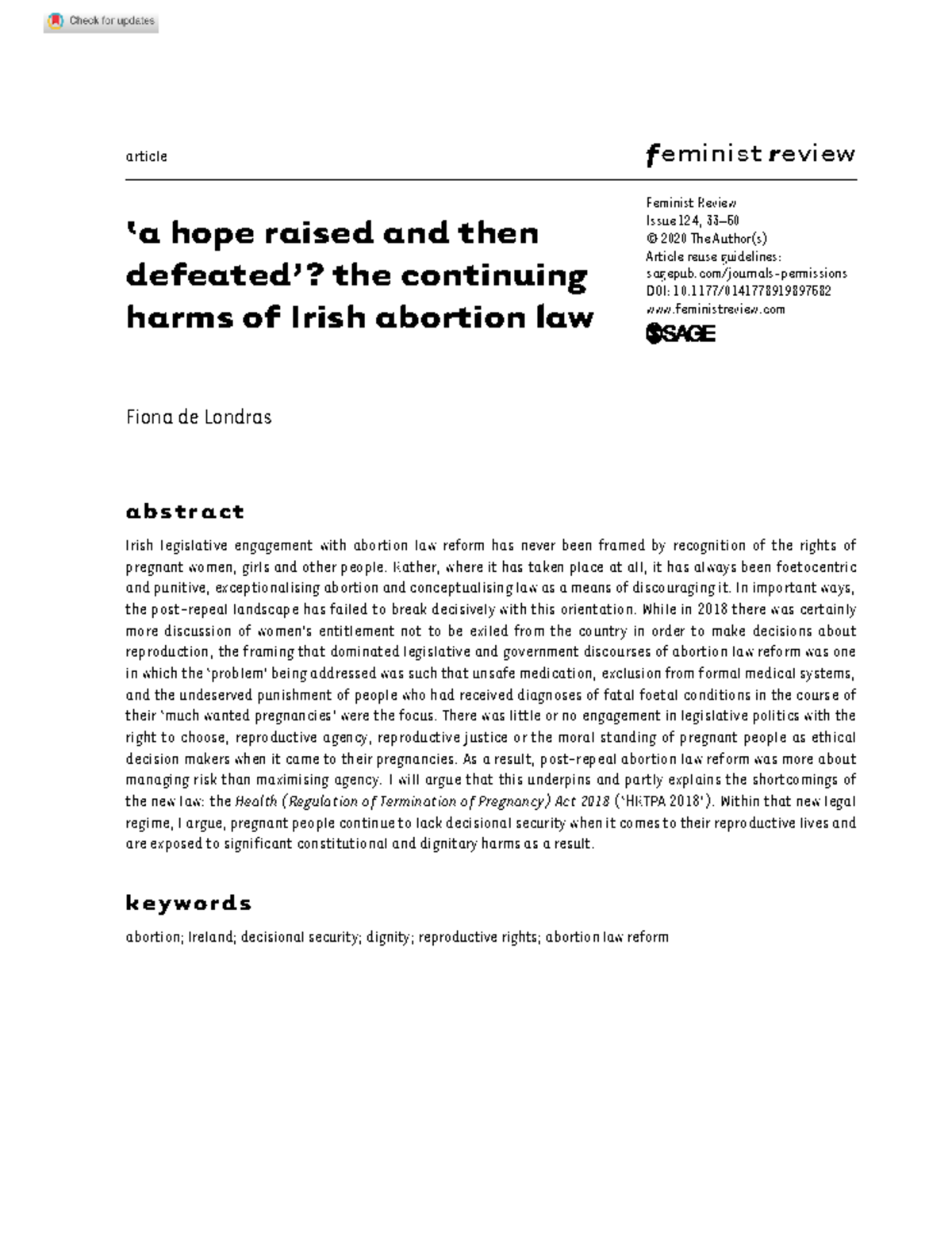 Irish Abortion Law: A 2020 Analysis of Continuing Harms (FEM 124) - Studocu