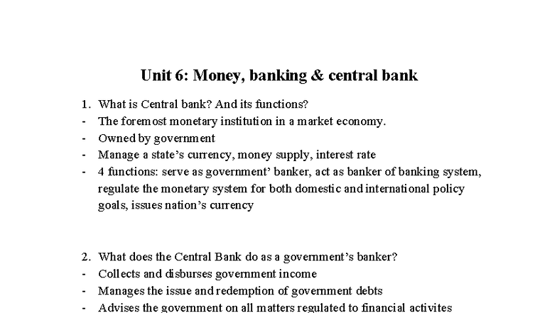 Unit 6: Central Bank Functions and Commercial Banking Overview (TACN 2 ...