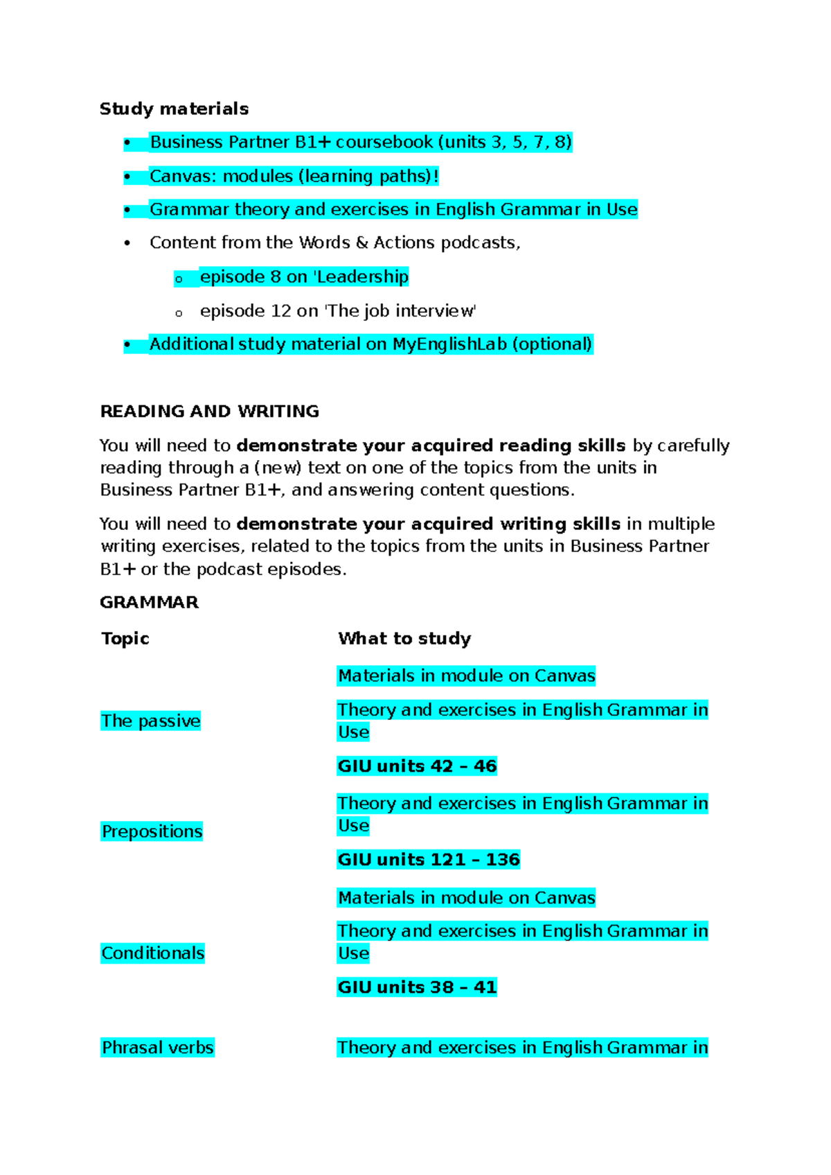 Business Partner Coursebook Study Materials (Units 3, 5, 7, 8) - Studocu