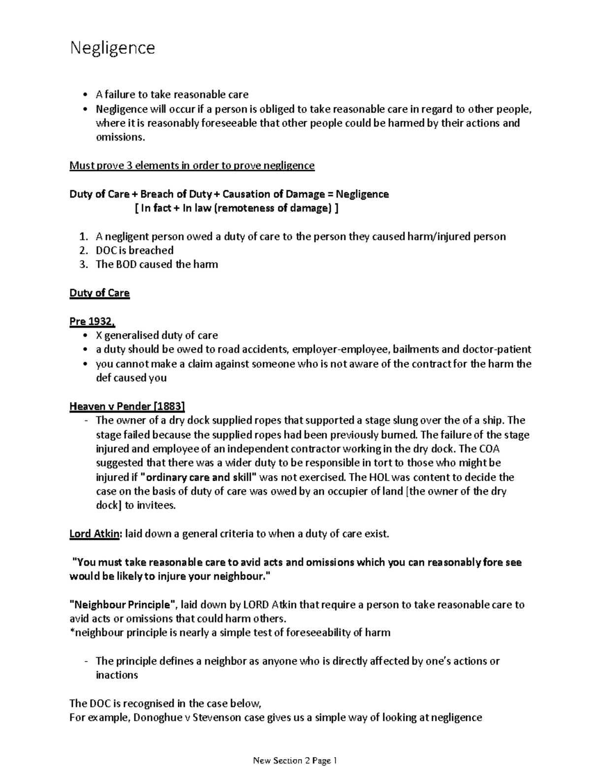 Tort Law Negligence: Key Concepts and Case Analyses [Notes] - Studocu