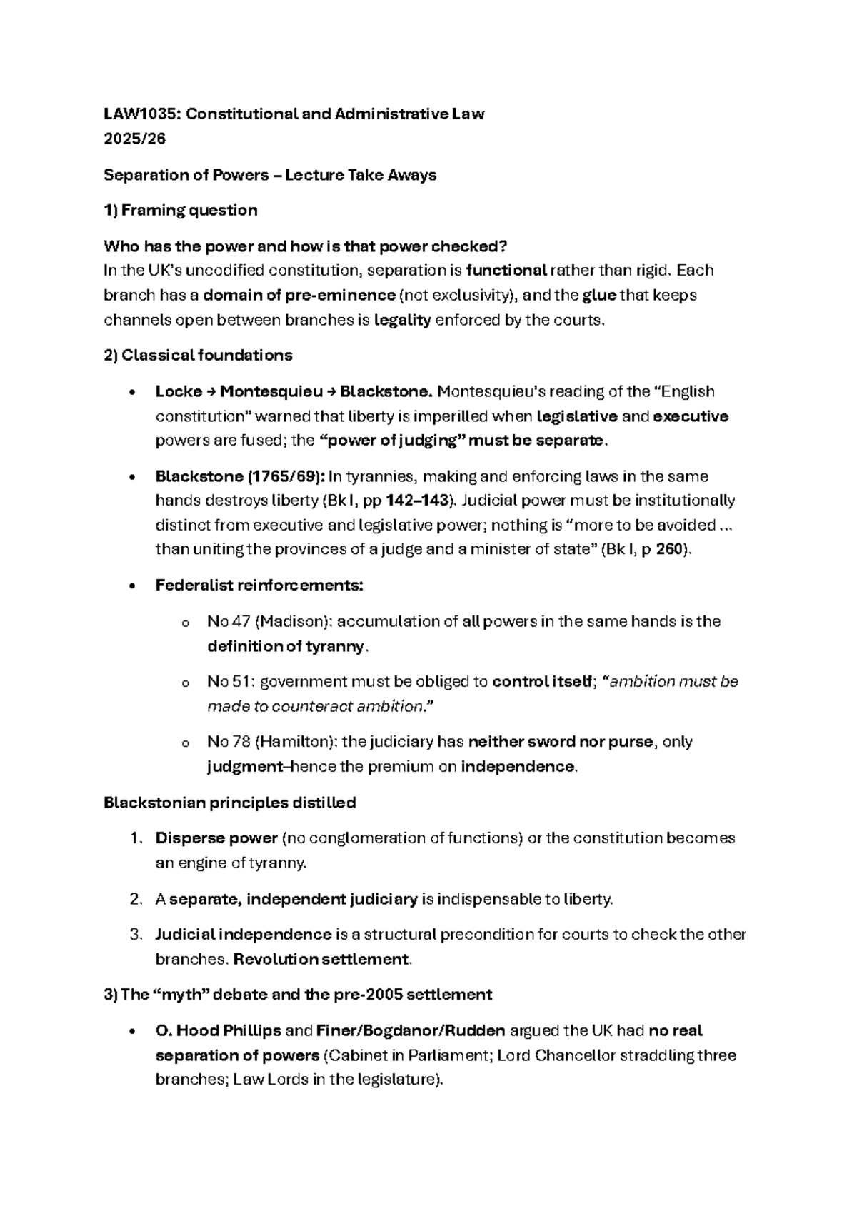 LAW1035: Separation of Powers Lecture Notes and Key Takeaways - Studocu