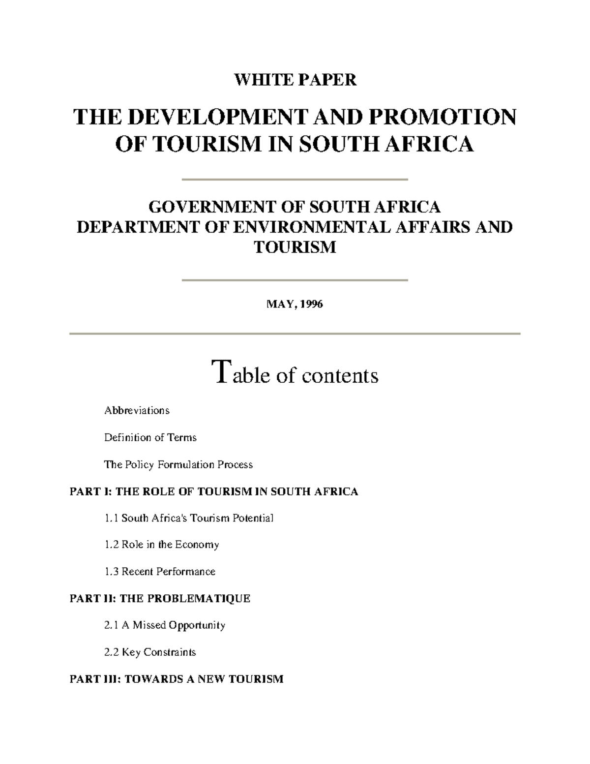 Tourism White Paper: Development & Promotion in South Africa (1996 ...