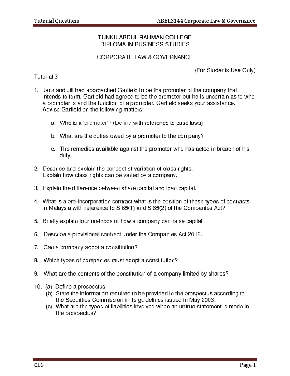 Tutorial 3 Questions on Corporate Law Governance ABBL3144 - Studocu