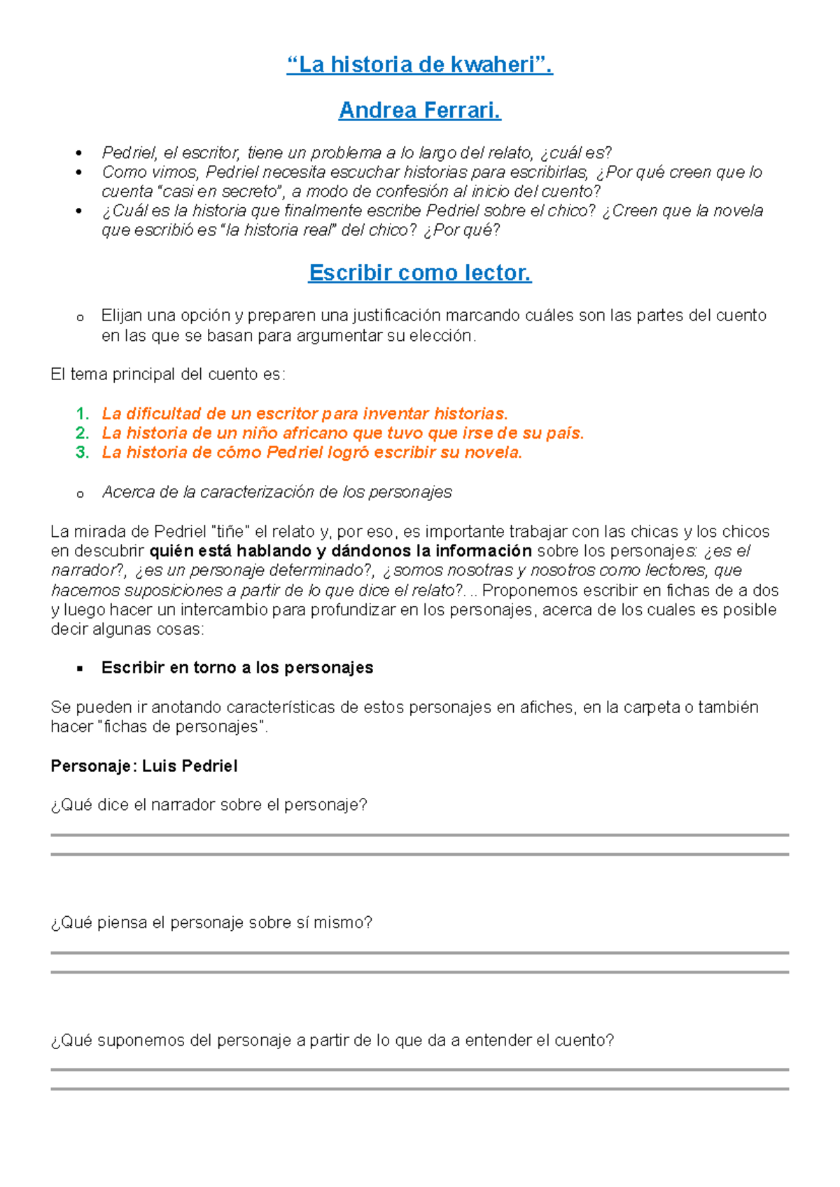 LA HISTORIA DE KWAHERI - ANÁLISIS Y TALLER DE ESCRITURA - Studocu