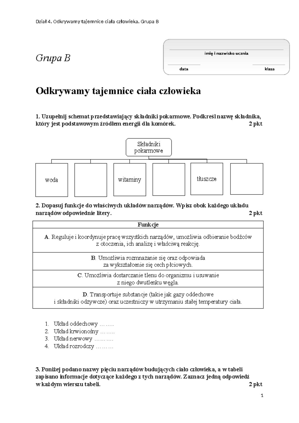Sprawdzian z Biologii: Ciało człowieka – Grupa B - Studocu