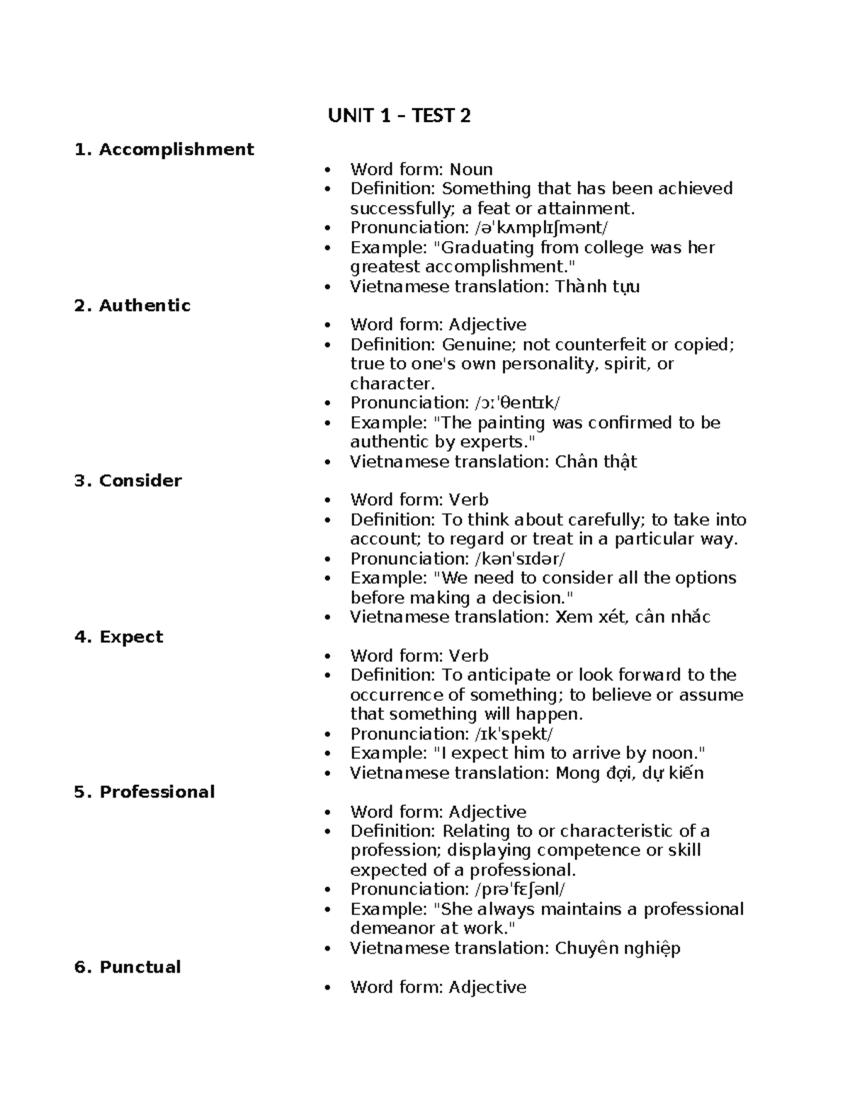 UNIT 1 – TEST 2 Vocabulary List and Definitions - Studocu