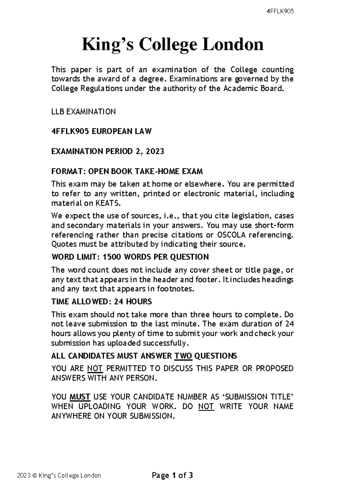 4FFLK905 Exam Paper, Period 2 2022-23 - 4 FFLK 2023 © King’s College ...