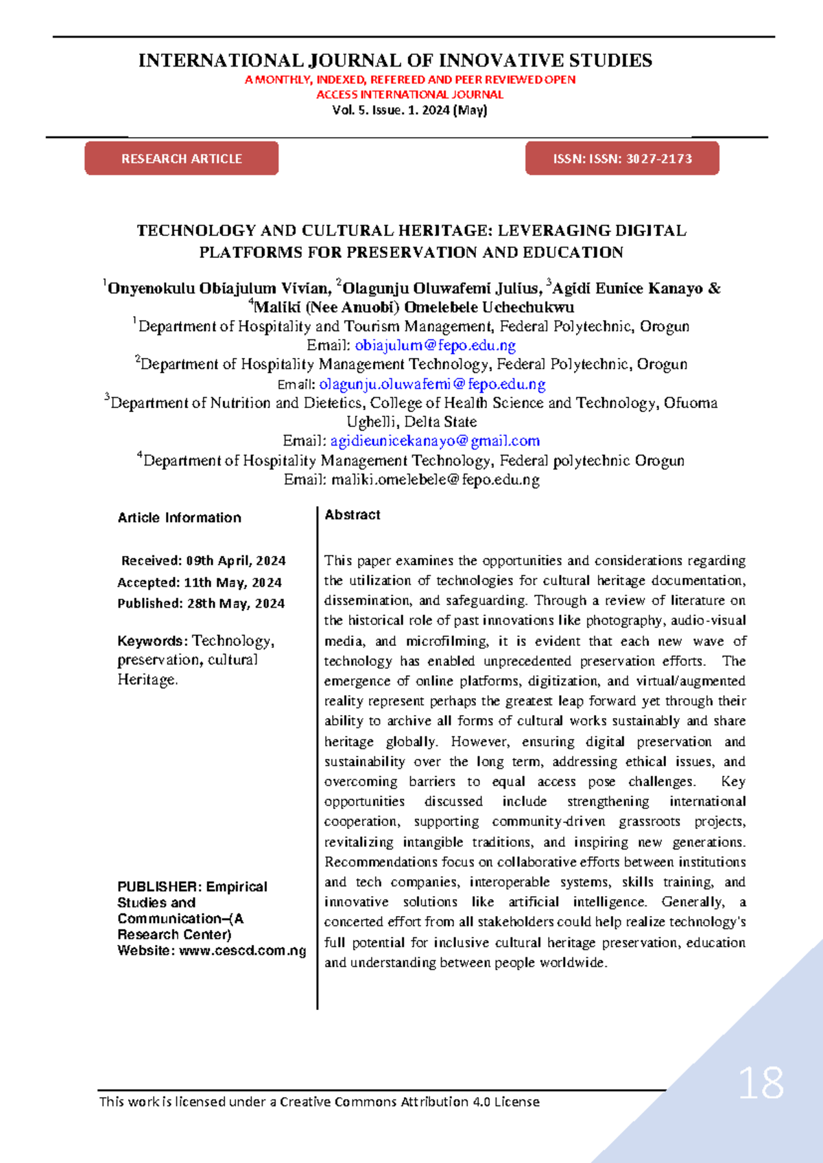Technology and Cultural Heritage: Digital Preservation Insights (IJIS ...