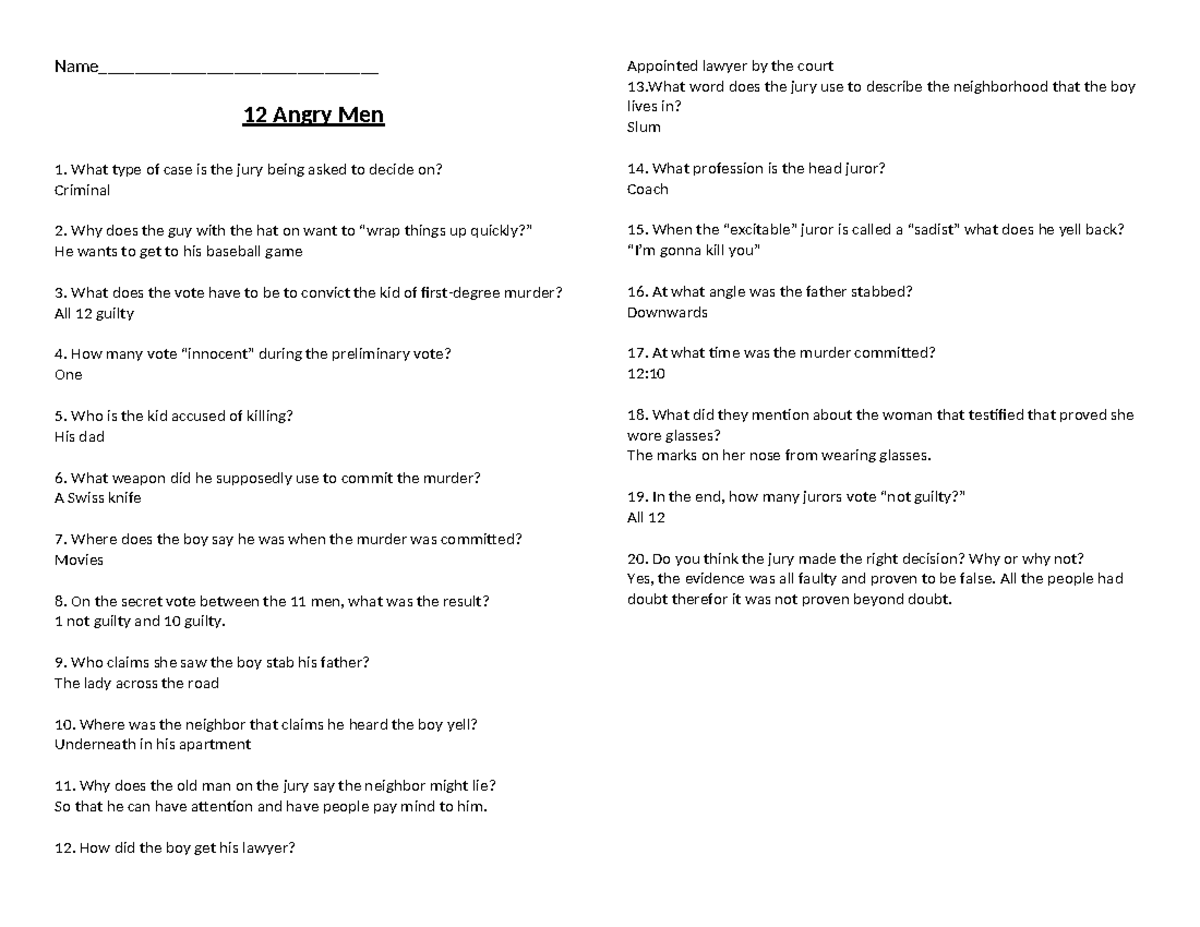12 Angry Men (Film) Discussion Questions and Analysis - Studocu