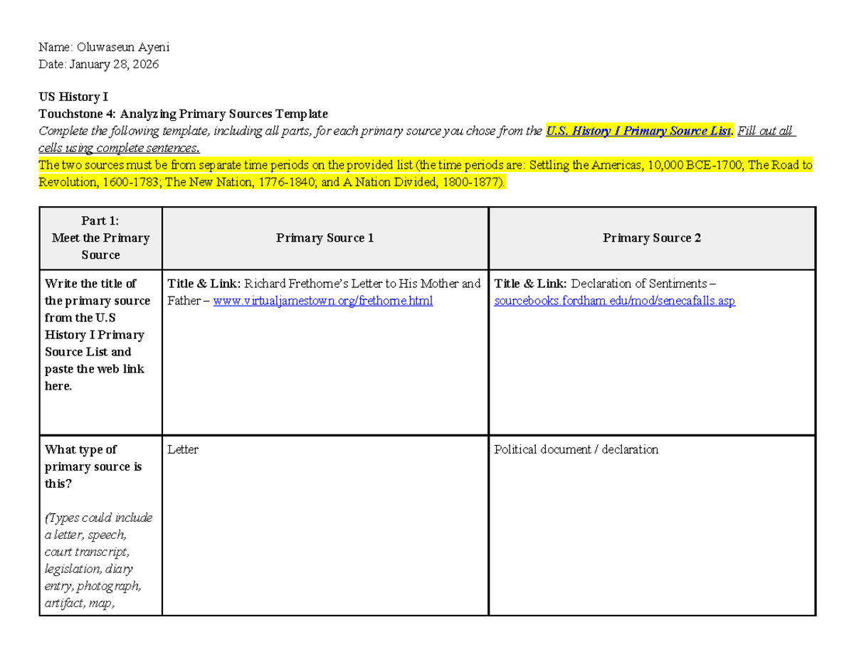 US History I Touchstone 4: Analyzing Primary Sources Template - Studocu