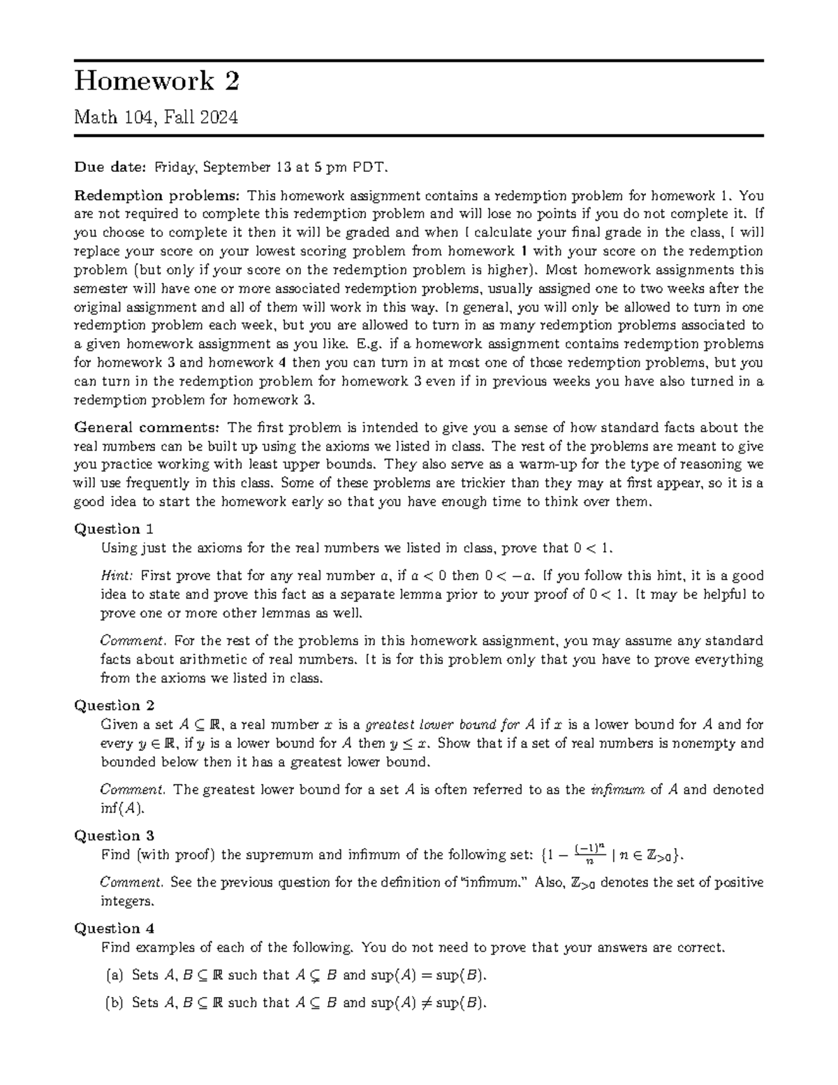 Math 104 Fall 2024 - Homework 2: Concepts on Real Numbers & Bounds ...