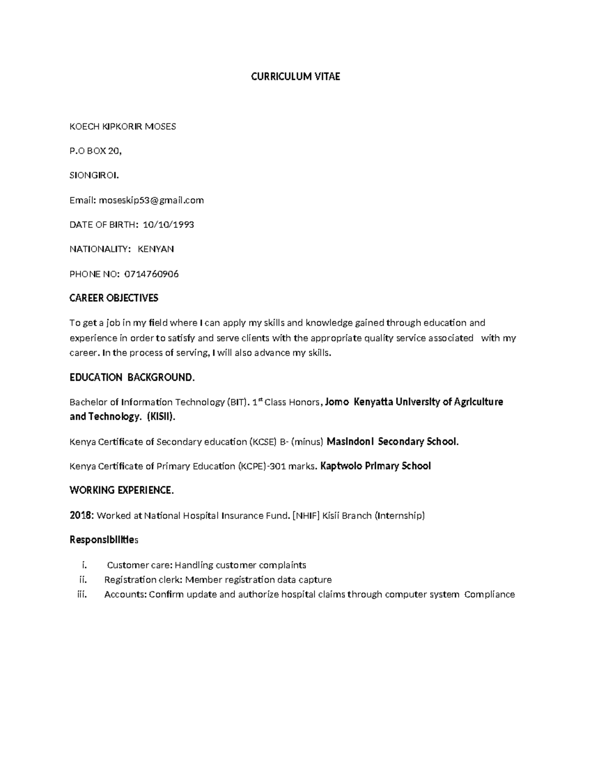 Curriculum Vitae Notes for KOECH KIPKORIR MOSES - Job Application - Studocu