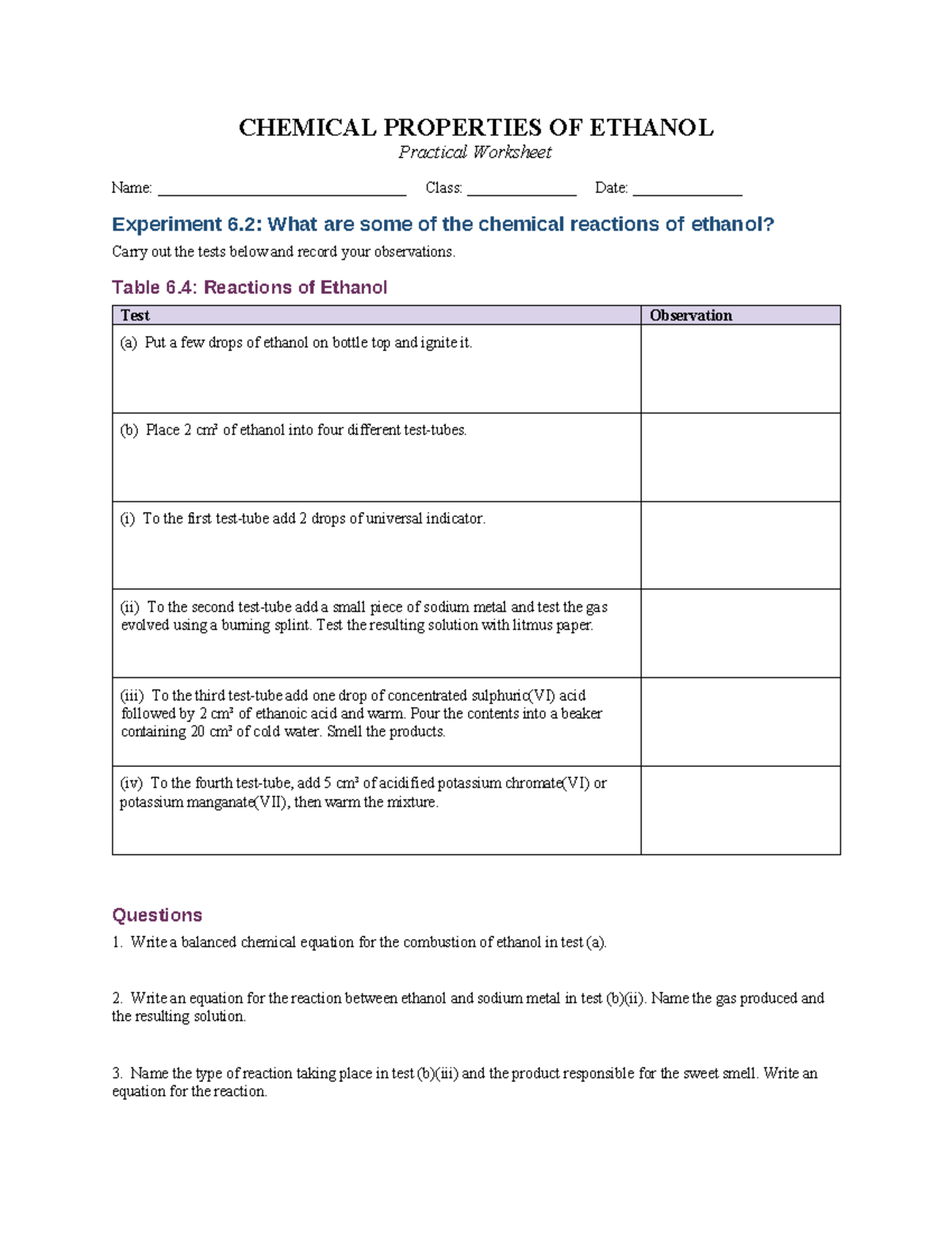 CHEM 101: Chemical Properties of Ethanol Practical Worksheet - Studocu