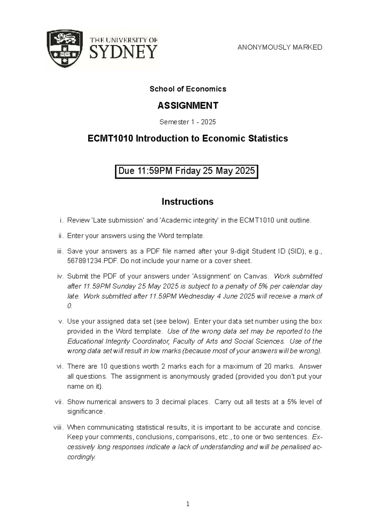 ECMT1010 Final Exam Paper - Introduction to Economic Statistics, S1 ...