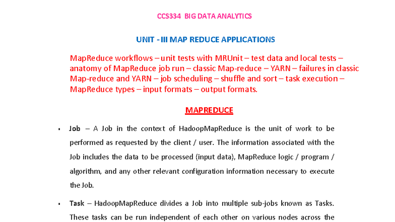 CCS334 BIG DATA ANALYTICS: MapReduce Applications & Workflows Notes ...