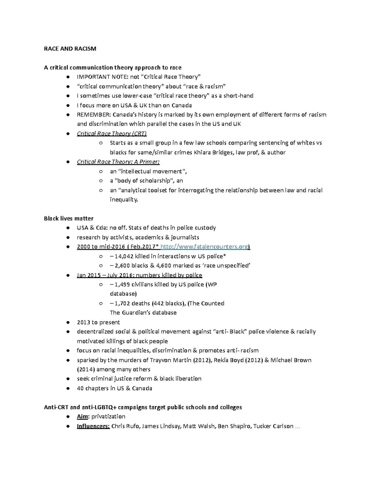 CS203 WEEK 10 - Lecture Notes on Race and Racism in Communication ...
