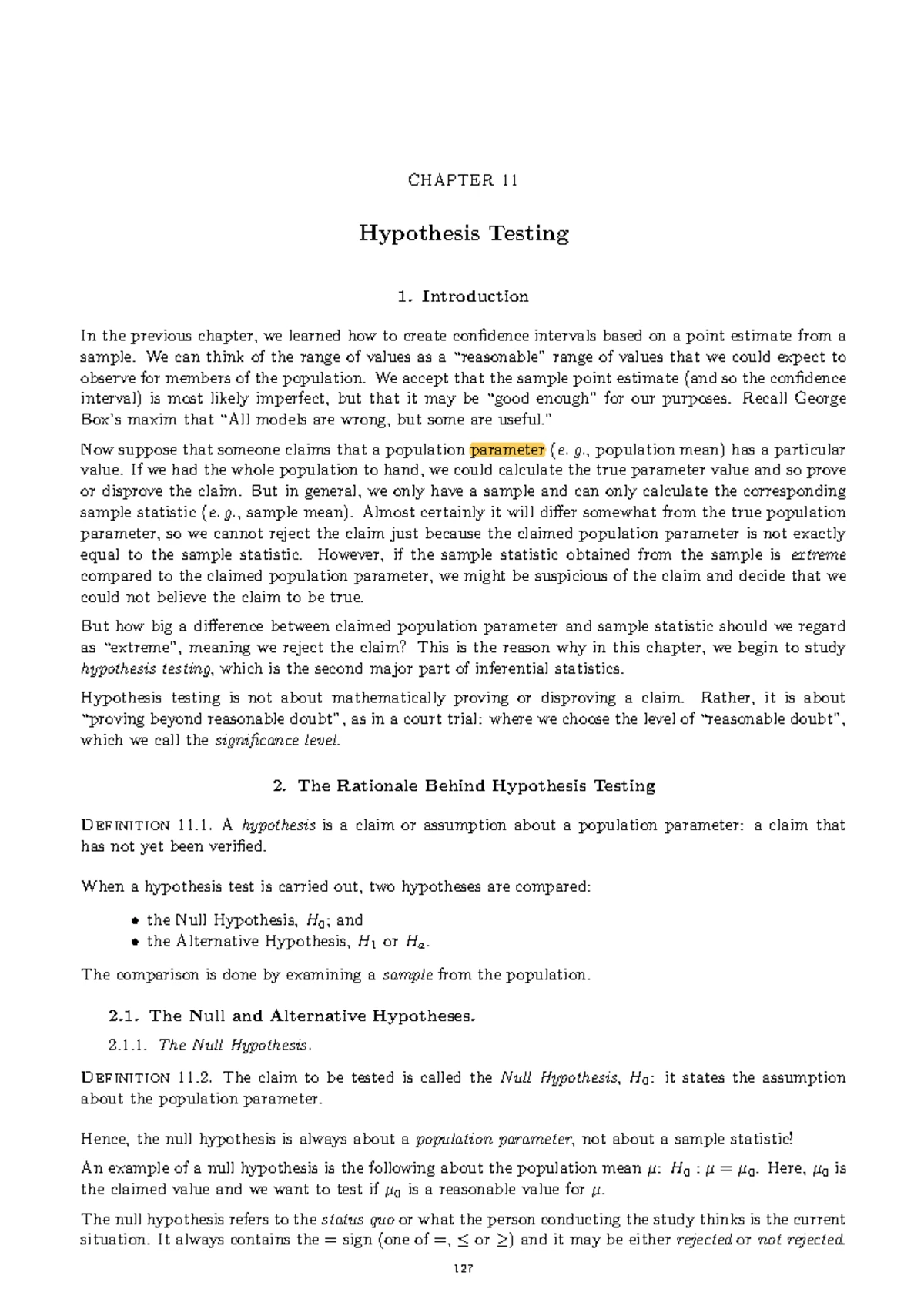 Ch11-Hypothesis Testing - CHAPTER 11 Hypothesis Testing Introduction In ...