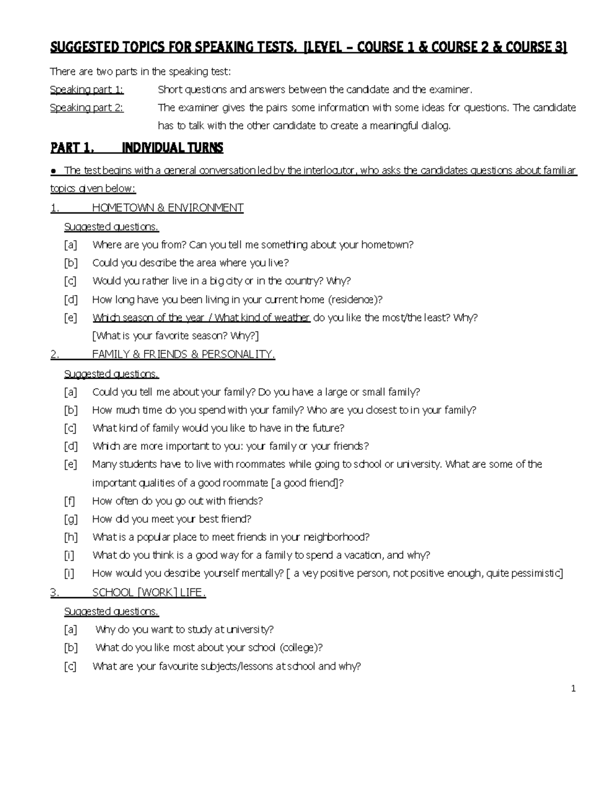 Suggested Topics for Speaking Tests: Level Course 1, 2 & 3 - Studocu