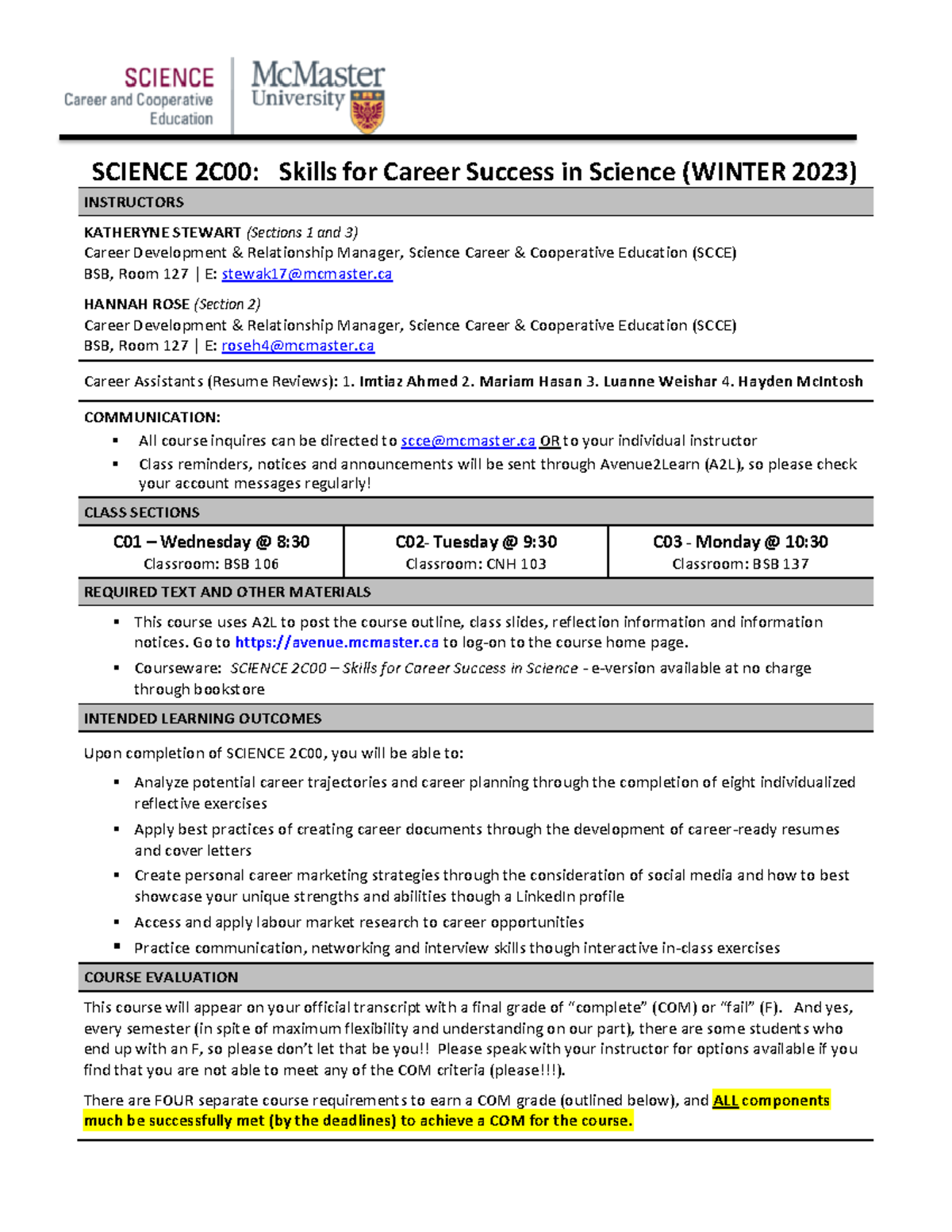 Winter 2023 SCIENCE 2C00 Course Syllabus: Skills for Career Success ...