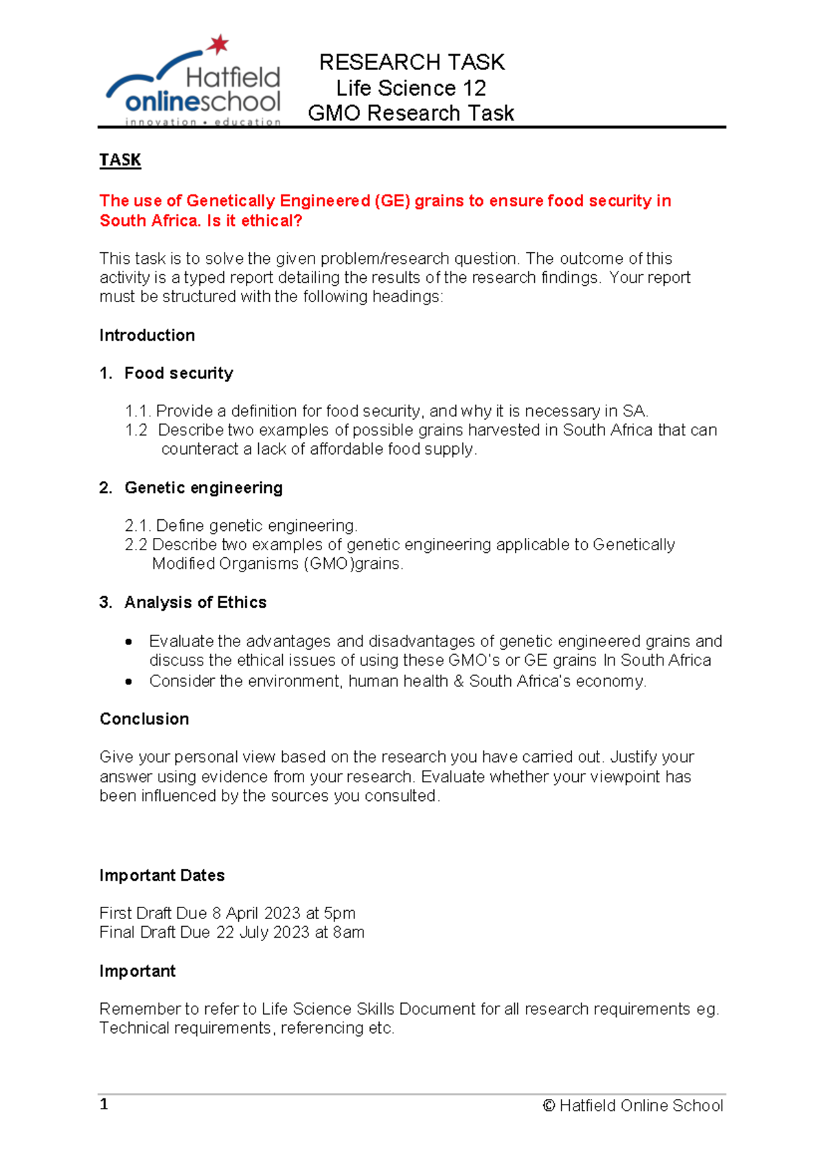 Research Task 2024 - Life Science 12 GMO Research Task TASK The use of ...