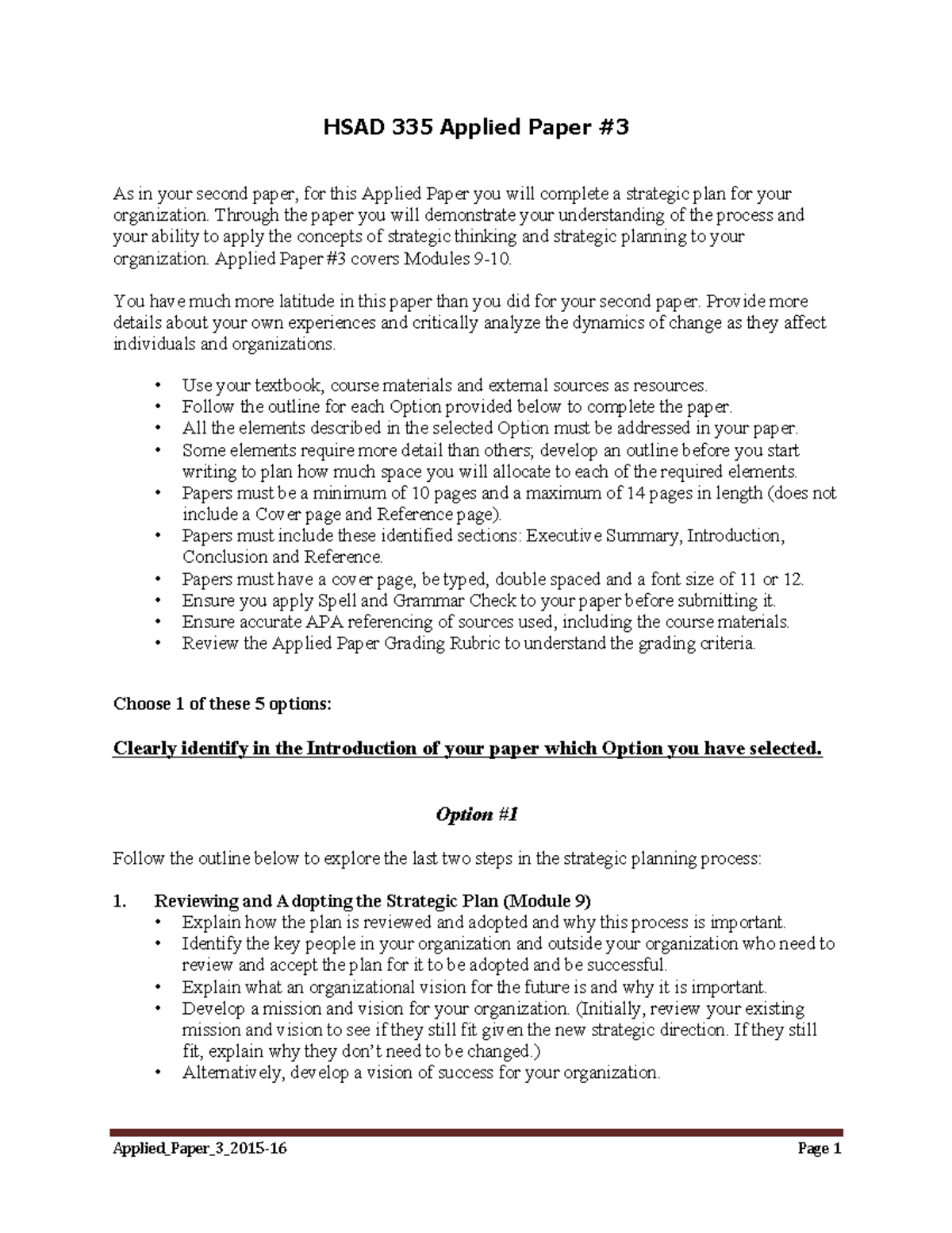 HSAD 335 Applied Paper #3 - Applied_Paper_3_2015-­‐ 16 Page 1 HSAD 335 ...