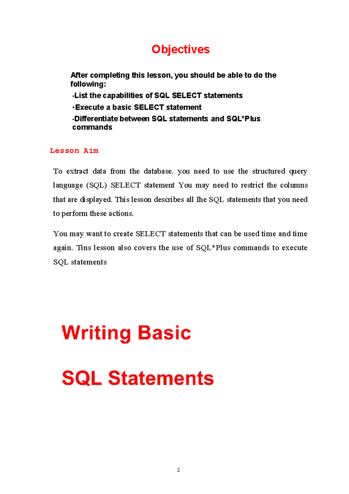 Basic SQL statement - structured query langauge - Objectives ...