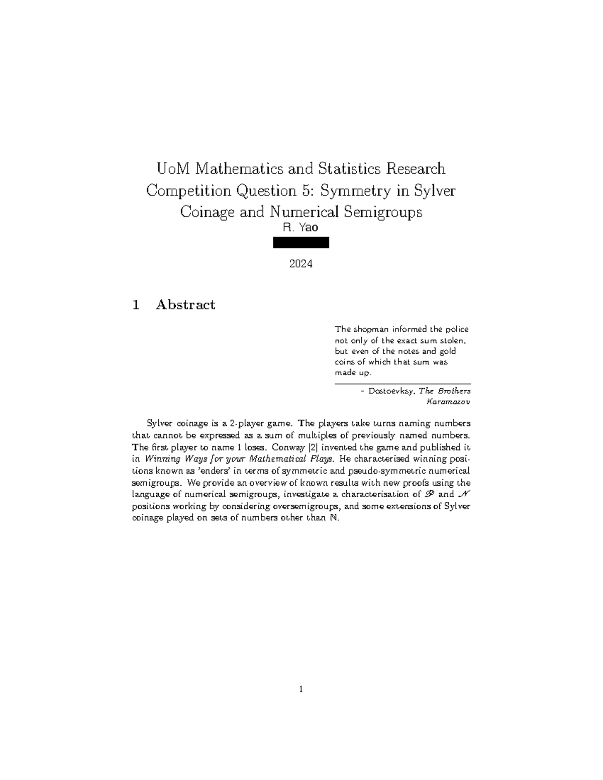 UoM MATH 2024 Final Exam: Sylver Coinage & Numerical Semigroups - Studocu
