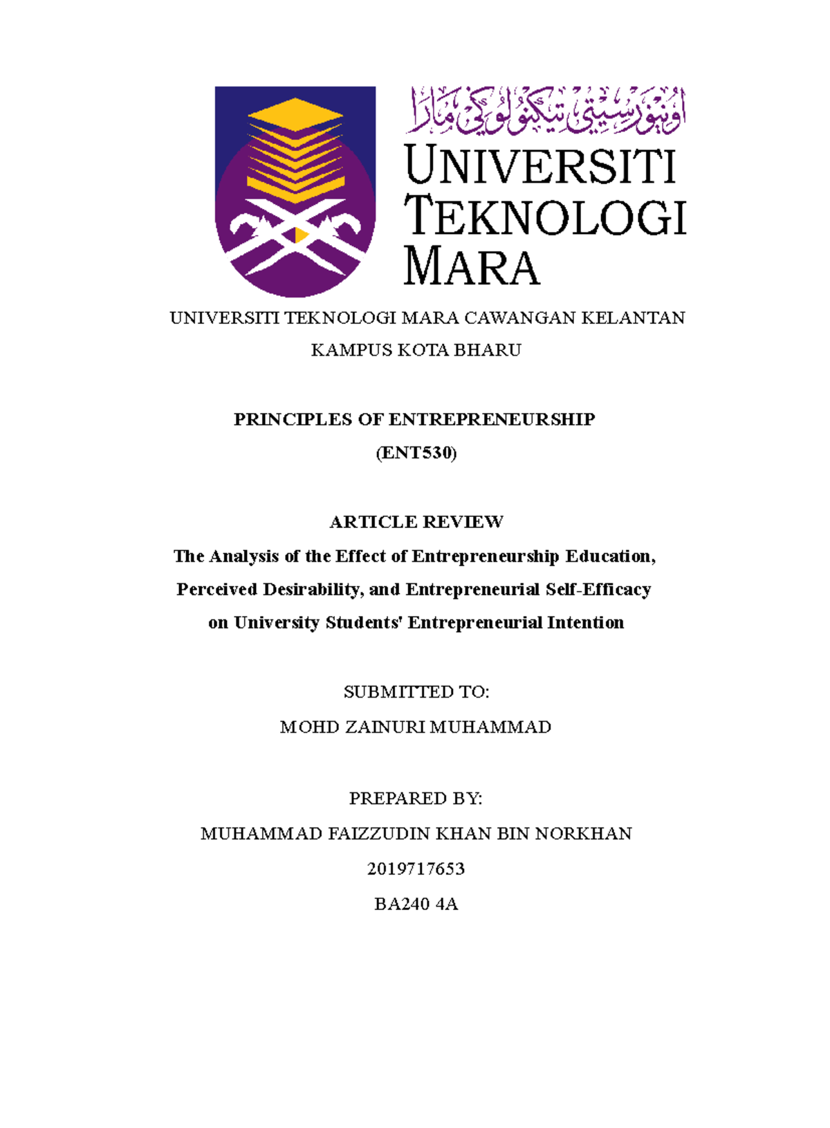 Assignment ENT530 Article Review on Entrepreneurial Intentions - Studocu