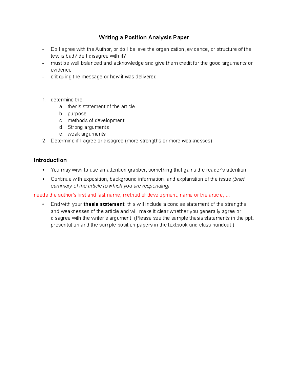 Writing a Position Analysis Paper: Structure & Guidelines - Studocu