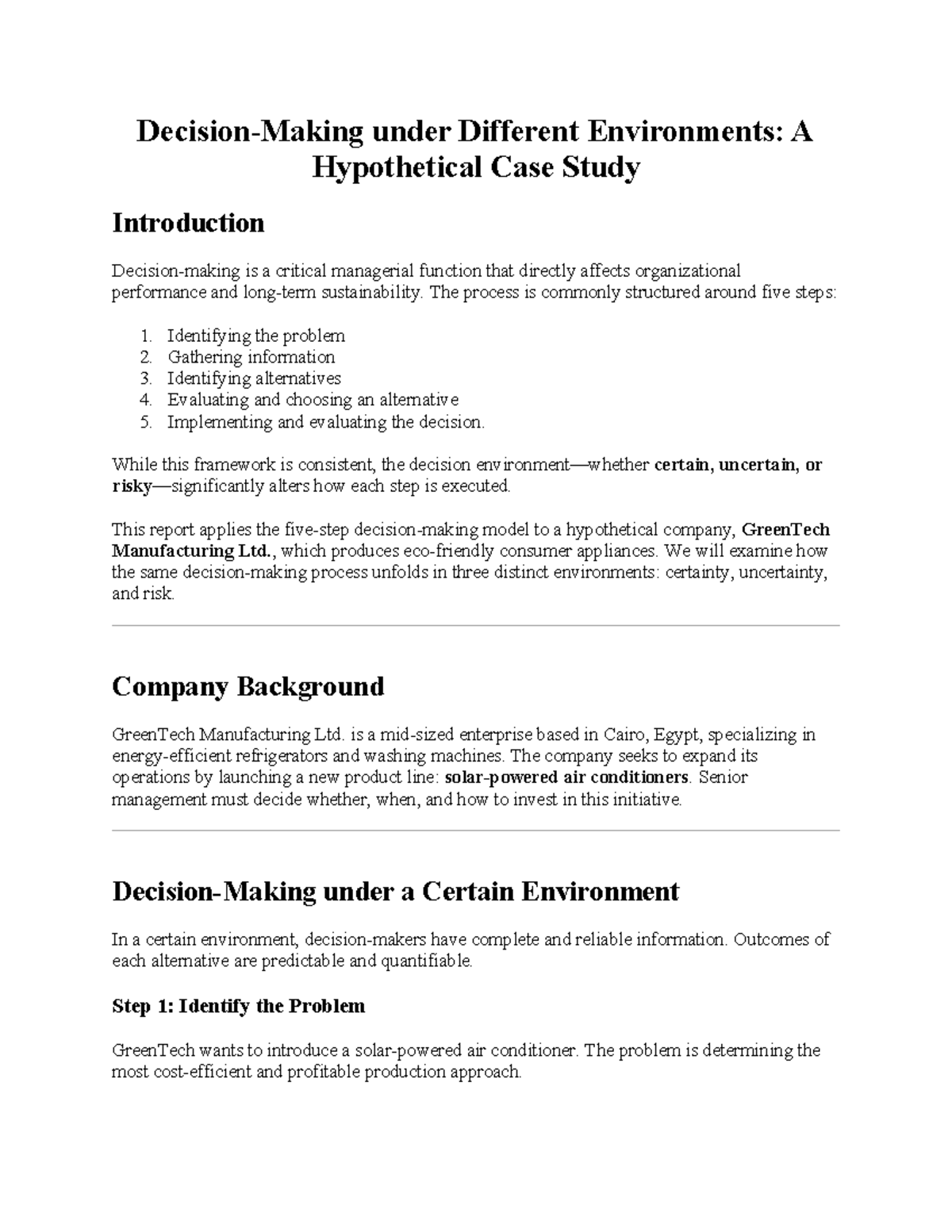 Decision Making Assignment: A Case Study on GreenTech Manufacturing Ltd ...