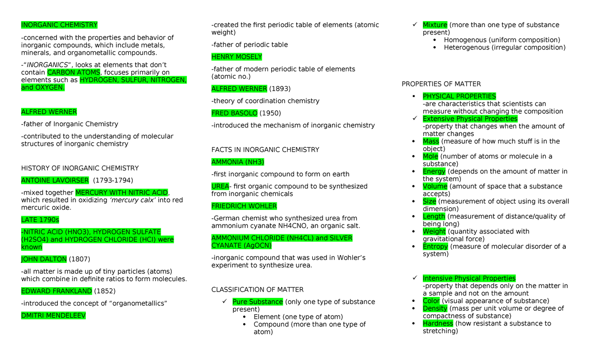 Inorganic Chemistry (CHEM 101) Comprehensive Study Guide and Reviewer ...
