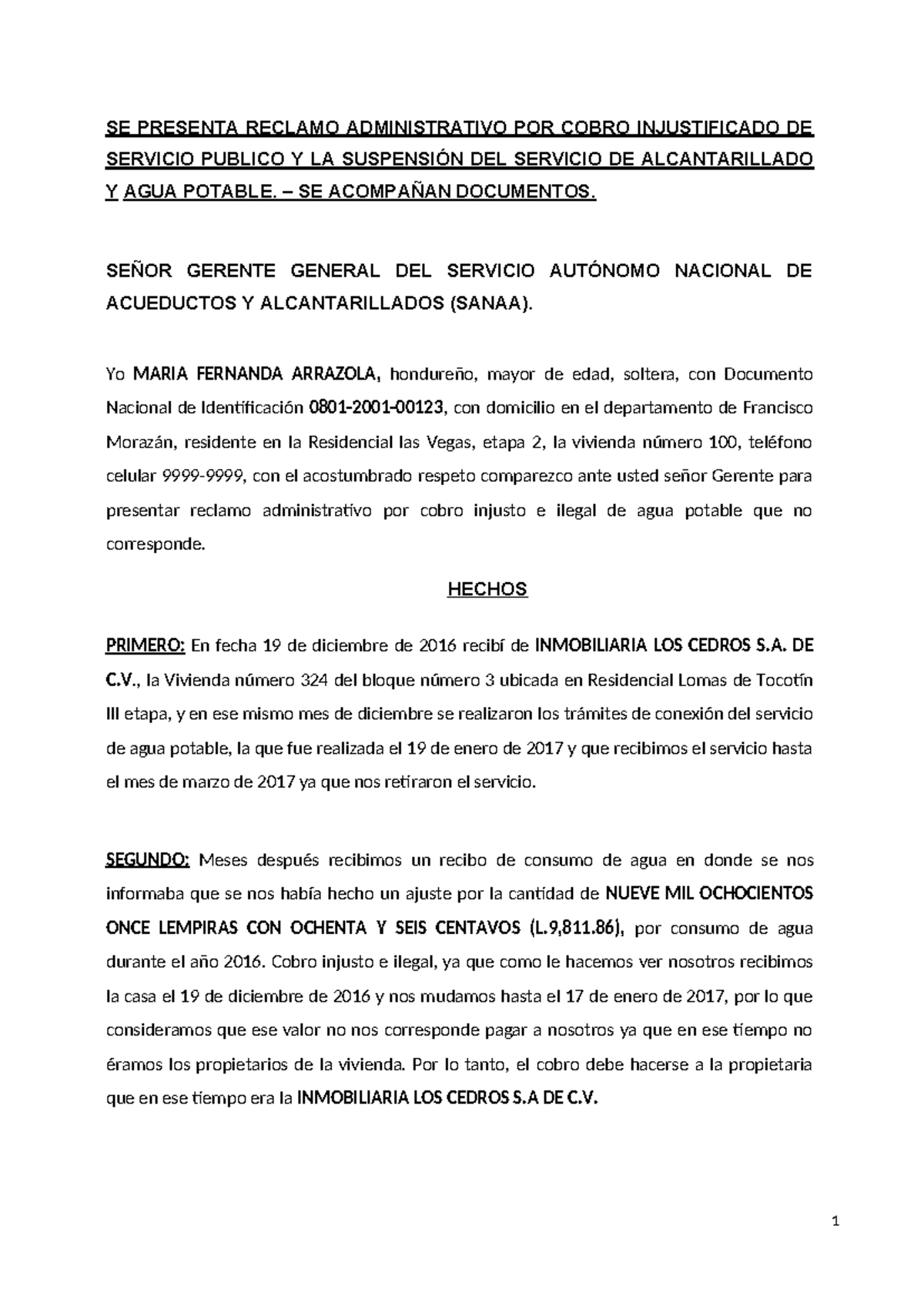 Reclamo Administrativo por Cobro Injustificado de Agua - SANAA - Studocu