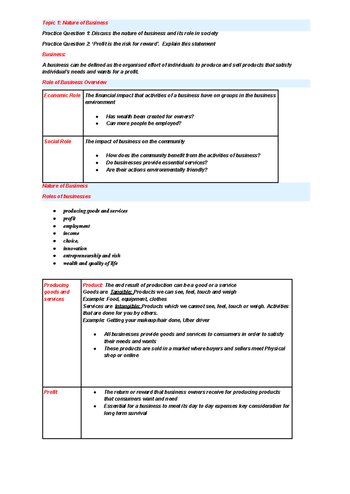 Topic 1: Nature of Business - Key Concepts and Roles in Society - Studocu
