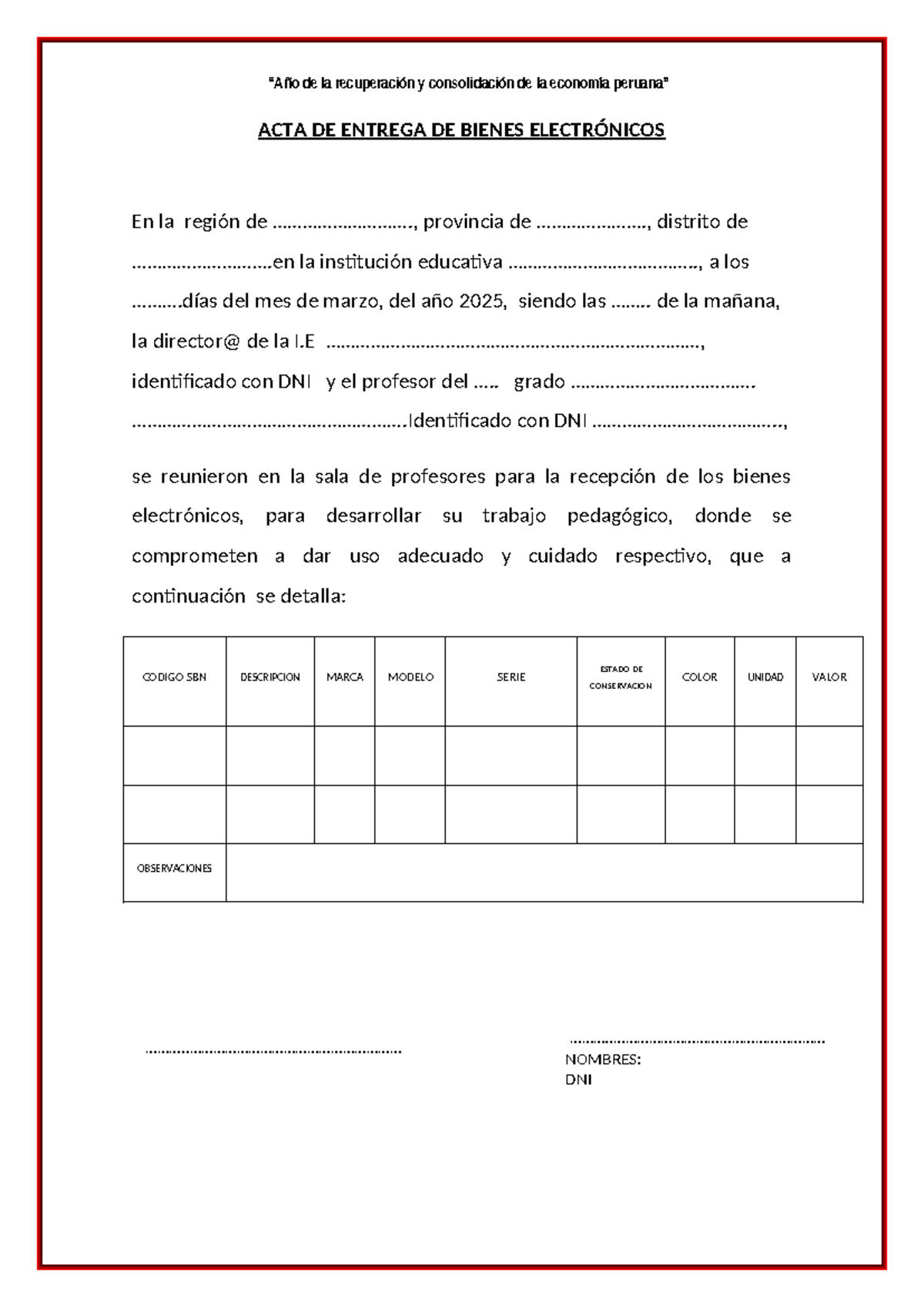 Acta De Entrega De Bienes Muebles
