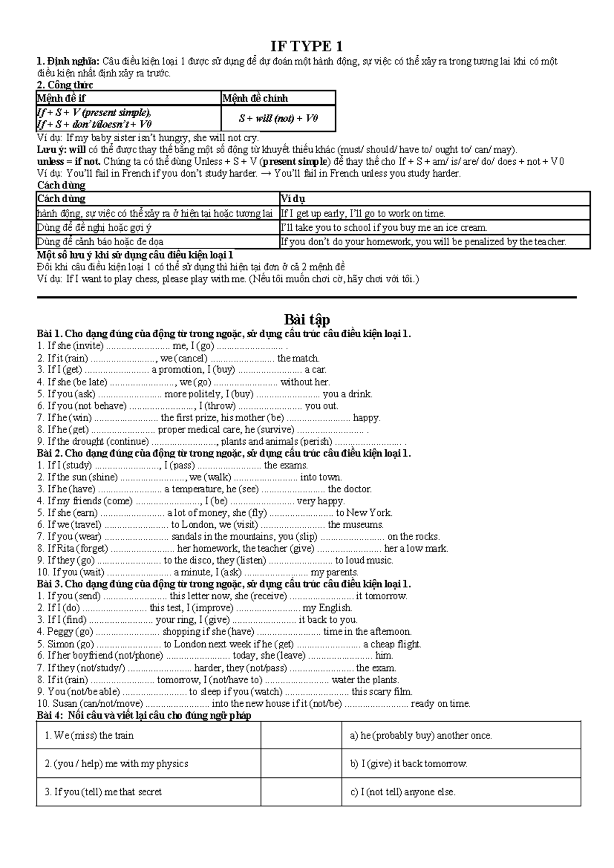 IF TYPE 1 - Câu Điều Kiện Loại 1: Định Nghĩa và Bài Tập - Studocu