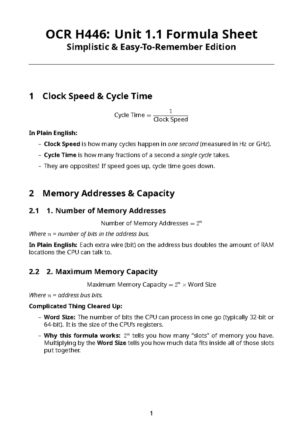 OCR H446: Unit 1.1 Simplified Formula Sheet for Clock Speed & Memory ...