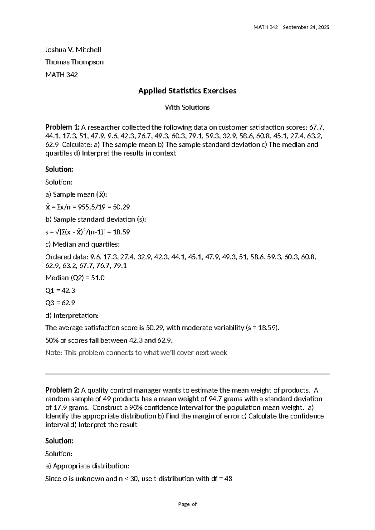 MATH 342 Applied Statistics Exercises & Solutions - Sept 2025 - Studocu